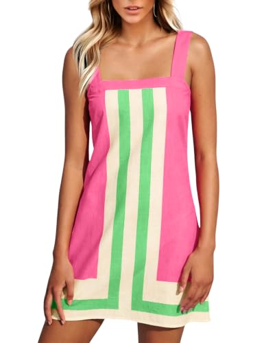 Image of Fiona Jolin Women's Striped Mini Dress Boho Shoulder Strap Sundress Summer Cover Up Dress for Beach