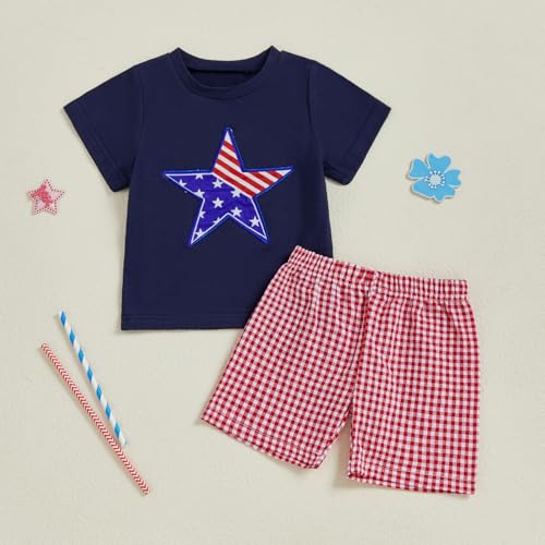 Image of Kayotuas Fourth Of July Toddler Boy Outfit Baby American Flag Clothes Patriotic Shirt Striped Gingham Shorts 2Pcs Summer Sets