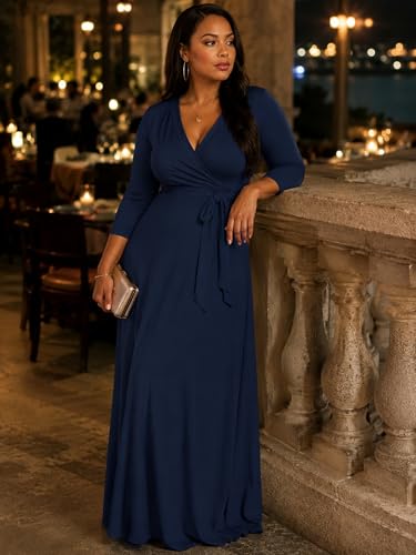 Image of PinkPatty Plus Size Maxi Dress for Women 3 /4 Sleeve Casual Long Dress | Soft stretchy fabric, functional pockets, flattering wrap v neck for vacation, casual wear and everyday styling