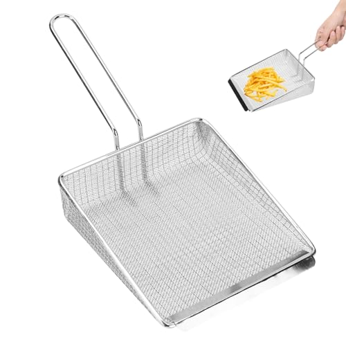 Espumadera cuadrada de malla fina, espumadera de aceite para freidora, cuchara para freír, colador de araña de acero inoxidable con mango largo para cocina, piscinas