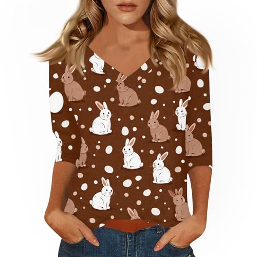 Women's Trendy 2026 Easter Day V-Neck 3/4 Length Sleeve Cute Tops Fashion Funny Bunny Egg Printed Vacation Tee Shirts Boho Outfits for Women