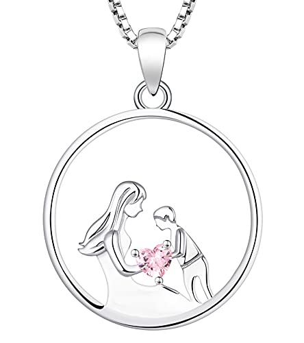 YL Women s Mother and Son Necklace Sterling Silver Mum Hold Child Heart Pendant Created Pink Tourmaline Necklace Gifts for Moms