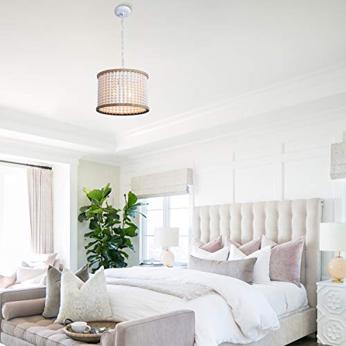 VILUXY Bohemia Wood Beaded Chandelier Antique Rustic Pendant Light White Finishing for Bedroom, Kitchen Island, Girl Room 3-Light - Image 2