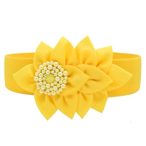 TeeYee Womens Elastic Big Dcor Flowers Belt Wide Stretch Adjustable Fashion Waist Belt yellowS