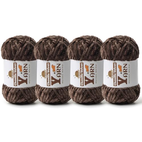 Image of 4 Pack Plush Chenille Chunky Yarn - Fluffy Velvet Yarn Crochet for Blanket Knitting and Crocheting - Soft Baby Yarns for Crocheting - Amigurumi Crochet Yarns 100g (87yds) (4 Coffee)