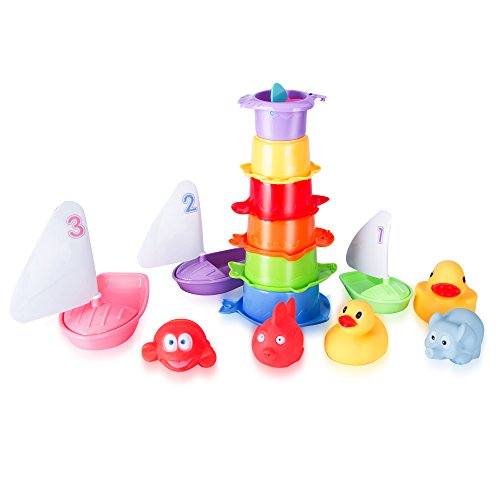 Bath Toys -Stacking Cups &Squirt Squeak Toys & Floating Boat for Baby & Toddler (15 PCS) - Fun & Educational