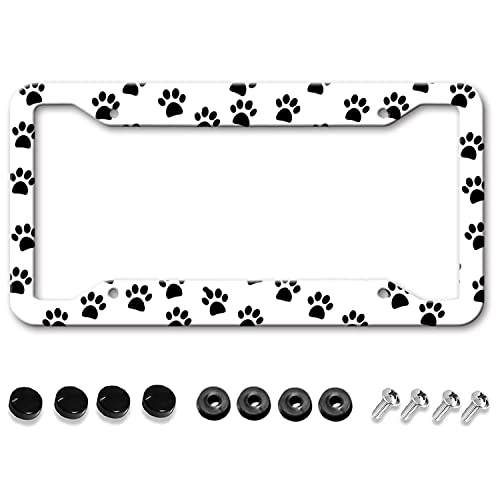 License Plate Frames Black Dog Paw Footprint White Cute Black License Plate Holder Funny Vintage Aluminum Front Car Frame Cover Decor for Women Man () - GUWEI GW-44