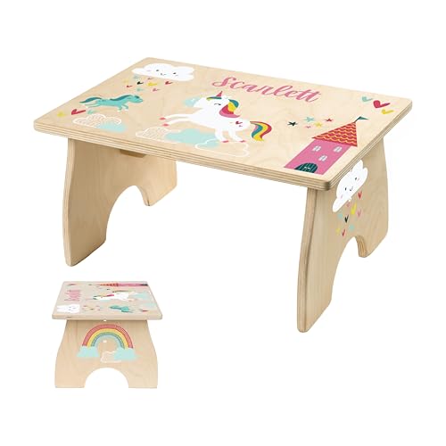 Unicorn Step Stool for Kids- Personalized Wood Toddler Step Stool with Name for Kitchen Sink, Bathroom, Potty Training, Kitchen Sink- Sturdy and Safe- Made in USA by BloomOwl (Unicorn- Doodle)