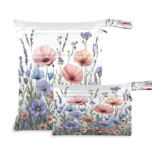 ATTX Herbal Wildflowers Wet Dry Bags 2-Pack - Reusable Cloth Diaper Storage for Travel, Beach & Gym | Multi-Use Waterproof Bags for Swimsuits, Baby Clothes, Sports Gear#167