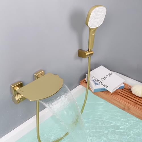 SHANFO Robinet de Baignoire avec Douchette, Mitigeur Baignoire Cascade, Mitigeur Bain Douche Mural, Laiton, Or Brossé, 16Y4OK