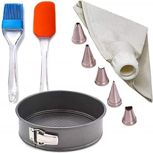MAFAHH Cake Baking and Decorating Combo Round Shape Teflon Non-Stick Cake Mould with Silicone Series Spatula and Brush 5 Pcs Steel Nozzles Set