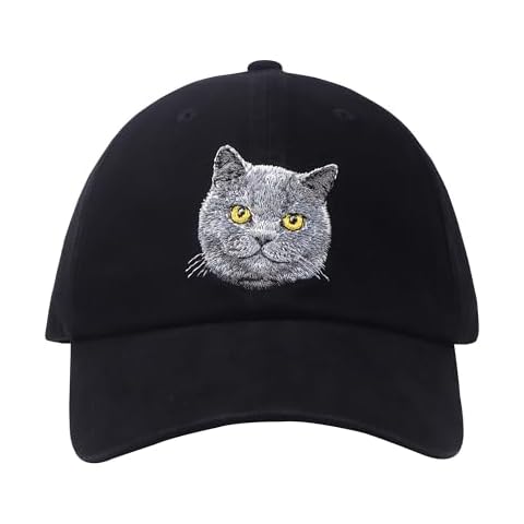 Hatphile British Shorthair Cat Embroidered Black Baseball Cap, Cotton Cat Mom Cat Dad Hat, Adjustable Size Strapback Cover