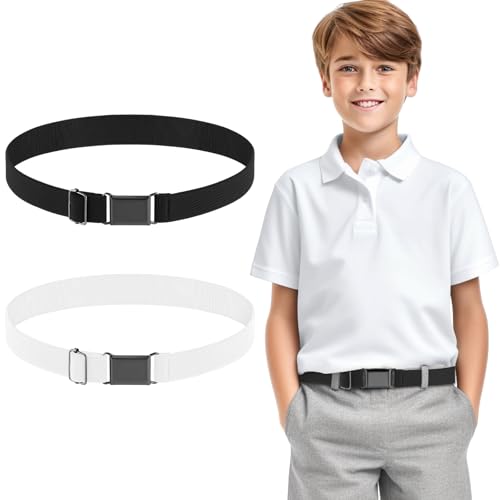 TIESOME 2PCS Adjustable Kids Elastic Belts Stretch Waist Belts Black Metal Square Buckle Boys Belt for Pants Jeans Uniform (Black+White)