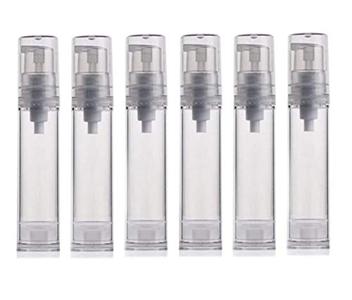 6PCS 5ml/10ml/12ml/15ml Clear Empty Travel Portable Refillable Plastic Airless Vacuum Pump Bottle Vial Press Container for Essence Cleanser Emulsion (10ml/ 0.34oz)