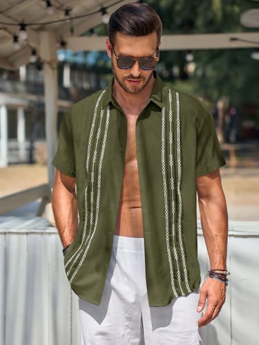 Image of Runcati Mens Short Sleeve Guayabera Shirts Linen Cotton Button Down Mexican Embroidered Cuban Wedding Shirt Summer Beach Tops
