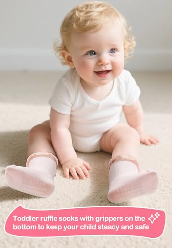 Zando Toddler Girls Non-Slip Ruffle Socks with Grippers Soft Cotton Seamless Ankle Socks for Baby Girls 0-5T3