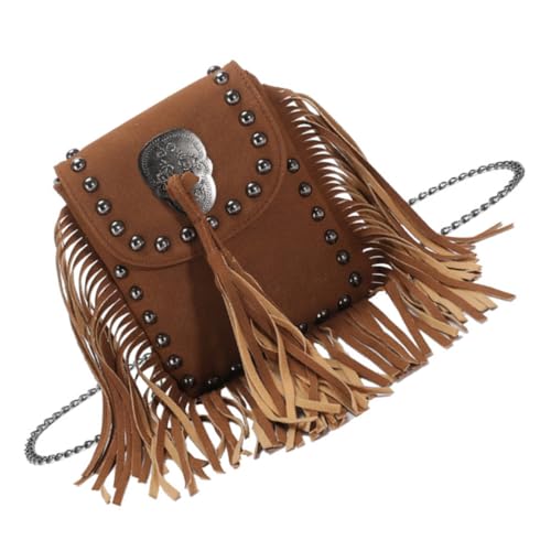 Sac à main bandoulière vintage à franges et pompons marron pour femme Mikikit