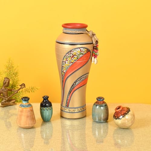 Image of Aakriti Art Creations Handcrafted Terracotta Decor Vase Set of 5 | Multicolor Floral Art Vases with Jute Detailing | Matte Finish Decorative Vases for Living Room, Table & Floor Decor