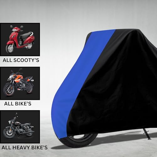 Image of Taffeta Bike Cover Premium Waterproof, Dustproof & UV Protected Two-Wheeler Body Shield | Heavy-Duty, All-Weather Protection | Universal Fit for Motorcycles & Scooters (Black Top Royal Blue)