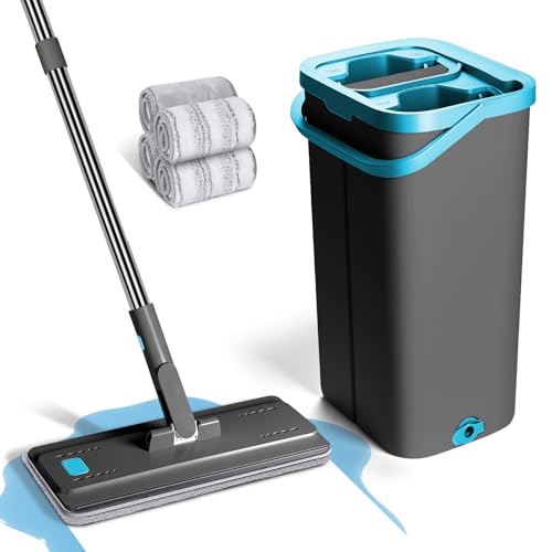 Masthome Balai Serpillère Microfibre, Balai Plat Professionnel avec 4 Tampons Réutilisables, Serpillère Nettoyage pour Sols et Seau Essoreur Convient pour...