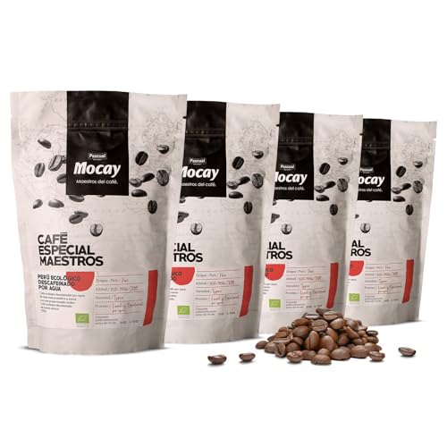 Mocay – Café Descafeinado Ecológico en Grano, Arábica Lavado y Natural – Tostado Medio – Pack 4 Bolsas de 250 g