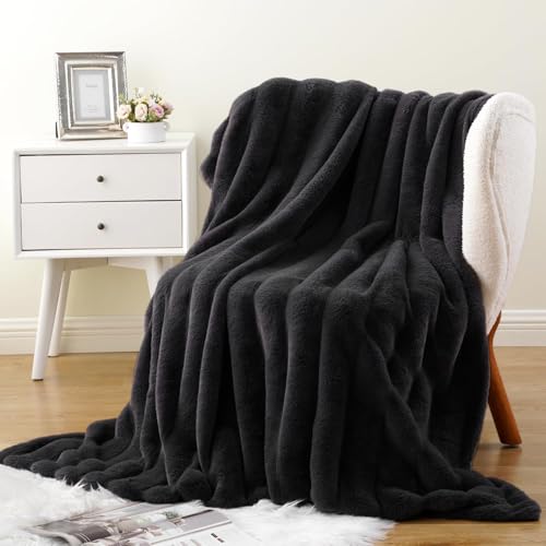 Battilo Black Faux Fur Throw Blanket, Rabbit Fur Blanket for Bed, Couch, Super Soft Cozy Fuzzy Blanket, 127x152cm