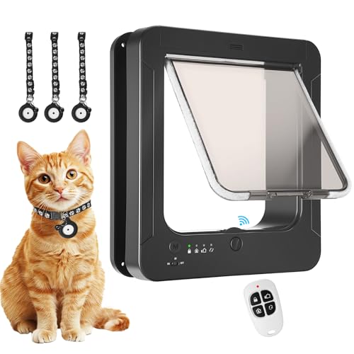 Smart Cat Door for Interior & Exterior, Cat Pet Door with 3 Collar Sensor Keys & 1 Remote Control & 4 Way Locking Cat Flap with RFID Collar Activated Opening Cat Door (Black)