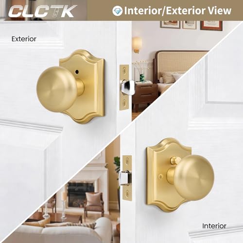 CLCTK Satin Brass Door Knobs Interior with Lock, Vintage Brushed Gold Privacy Round Door Knobs Door Handles for Bedroom Bathroom, Zinc Alloy, 1 Pack by CLCTK - Used condition - Image 2