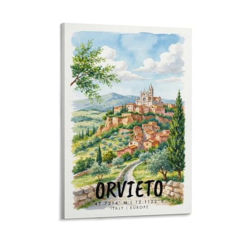 Peinture Orvieto aquarelle vintage pour habiller un mur vide avec un paysage urbain