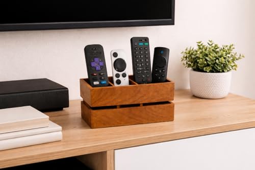 Image of Craft Expertise Wooden Remote Control Holder Stand for Living Room & Bedroom | 3 Compartment Remote Organizer for TV, Sofa & Side Table | Brown Wooden
