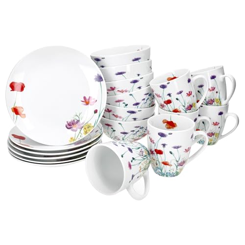MamboCat Marie 18tlg Frühstücksset I Porzellan-Geschirr mit Blumenwiese-Dekor für 6 Personen I Je 6x Teller, Schalen 400ml & Becher 320ml für Frühstück & Kaffee