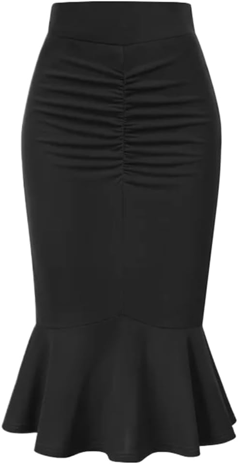 Women Ruched Skirt Elastic Waist Mermaid Slim Tight Mid Office Lady