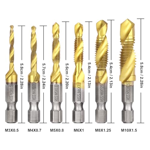 Image of Drill Tap Set 6Pcs, Titanium Plated Combination Taps Drill Bit Set | M3 M4 M5 M6 M8 M10 Hex Shank HSS Screw Thread Metric Compound Tap Drill Bits Metal Drilling