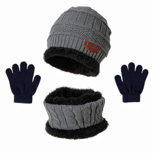 3PCS Children's Winter Hat Scarf Gloves Set 3-9 Years Boys and Girls Knitted Hooded Fleece Hat Warm Scarf (Grey)