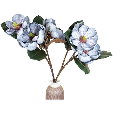 FairDeco 2Pcs Fake Magnolia Artificial Flowers with 3 Heads, 27.5 Inch Long Stem Magnolia Artificial Flowers,Living Room Bedroom Wedding Decoration (Blue,2 Stems) Cover