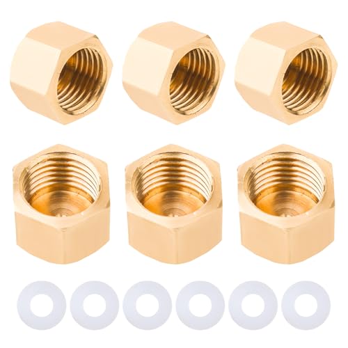 6 Pcs 1/4 Inch NPT Brass Pipe Cap, External Hexagon 1/4 Inch NPT Brass Compression Cap Fittings with Rubber...