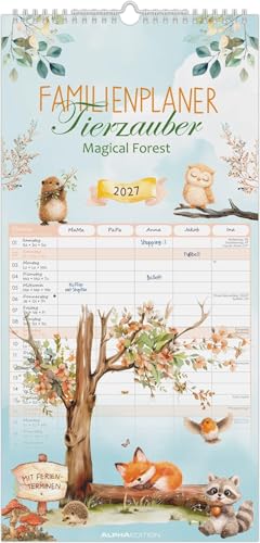 Familienplaner Tierzauber 2027: Familienkalender 22x45 cm mit 5 Spalten liebevollen Tierillustrationen Schulferien & Stundenplänen ideal für Familien mit Kindern