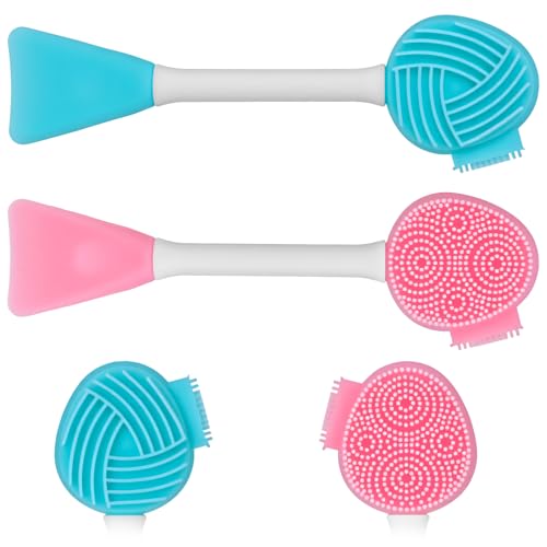 Guduling 2 Pcs Pore Cleaning Brush,4 in 1 Face Cleansing Brush,Dual-Ended Silicone Face Scrubber, Lip Scrub Brushes,Facial Cleansing Tool,Silicone Lip Scrubber for Skincare(Blue & Pink)