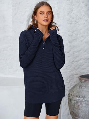 Image of PRETTYGARDEN Womens Long Sleeve Quarter Zip Pullover Sweater | Casual Loose V Neck Sweaters with Thumb Hole, Collared Ribbed Knit Jumper Tops, Oversized Tunic Tops, Fall Outfits 2026