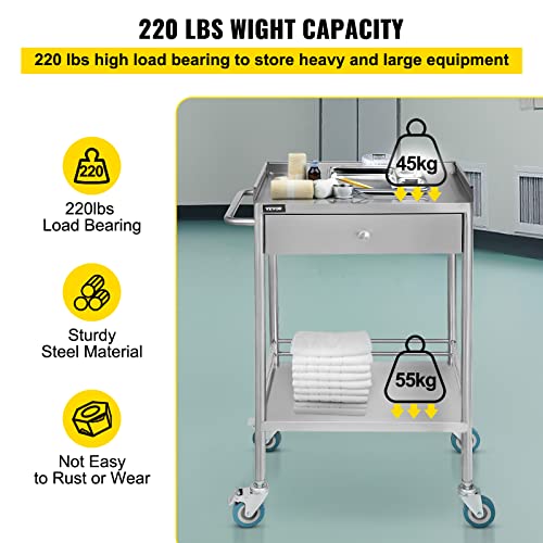Vevor Shelf Stainless Steel Utility Cart Catering Cart With Wheels Medical Dental Lab Cart Rolling Cart Commercial Wheel Dolly Restaurant Dinging Utility Services (2 Shelves/ 1 Drawer) #TOP2