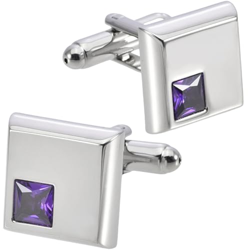 Mancuernillas cuadradas de metal plateado con cristal morado