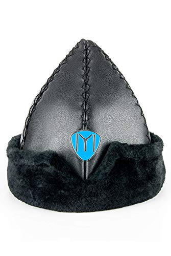 Turkish Ottoman Bork Hat, Ertugrul Leather Fur Winter Cap, Coat of Arms Kayi Tribe Alp IYI, Black Faux Fur and Black Faux Leather