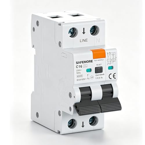 Disjoncteur différentiel RCBO SAFEMORE, 1P+N, 16A 30mA, type A - Disjoncteur différentiel avec protection contre les surcharges et les courts-circuits, 6kA, courbe C, montage sur rail DIN
