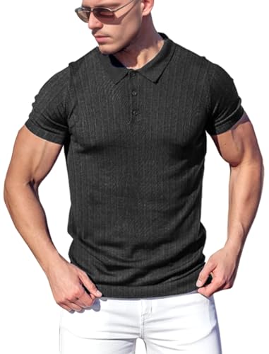 Yewloch Polo Musculoso Manga Larga/Corta Hombre，Poloshirt Elástico Algodón,Slim Fit Casual Color Sólido Manga Larga Shirt,Golf Camisetas Deportivas para Hombre (Negro-XL)