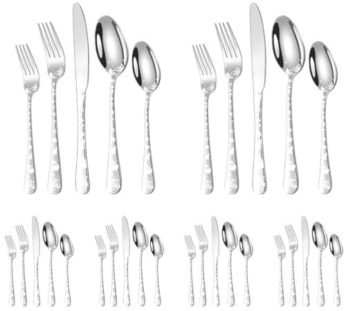 XIAOYU Ménagère de Noël 30 pièces, comprenant 12 fourchettes, 12 cuillères et 6 couteaux, motif de Noël, en acier inoxydable poli miroir, compatible lave-vaisselle, Argent