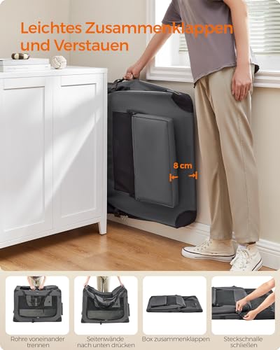 Feandrea Hundebox faltbar, Transportbox Hund, XXXL, Hundetasche, Oxford-Gewebe, Netzstoff, atmungsaktiv tragbar transportabel, Metallrahmen, mit Griffen, Taschen, 102 x 69 x 69 cm, grau PDC10G01
