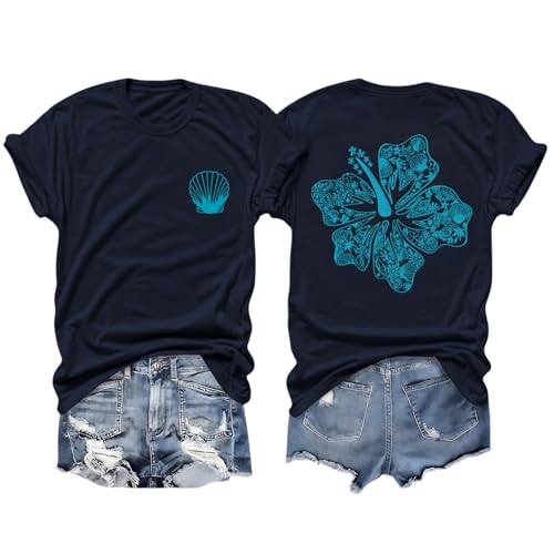 Image of Hawaiian T Shirts for Women Oversized Aesthetic Hibiscus Flower Beach Shirt Teens Preppy Tropical Graphic Tee Tops