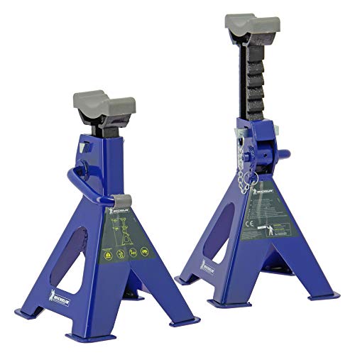 MICHELIN 009557 2 Chandelles de Levage à crémaillère 2 Tonnes - Hauteur réglable 280-415mm - Blocage Rapide Levier + Goupille de Sécurité - Pieds Larges Stables - Semelle Caoutchouc