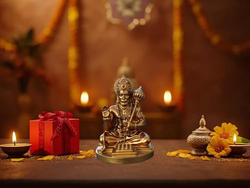 Image of Hanuman Ji Idol for Car Dashboard, Home & Office | Lord bajrangi Murti for Pooja, Mandir | Resin Balaji Statue for Protection, Positivity | Spiritual Gift Item (Gold 1)