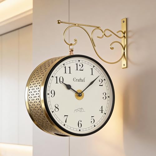 Image of CRAFTEL Double Sided Station Wall Clock Multi-Layer Electroplated | Aluminum Matte-Finish Dial Metal Body | Dial - 10 Inches, Shiny Gold | 365 Days Warranty